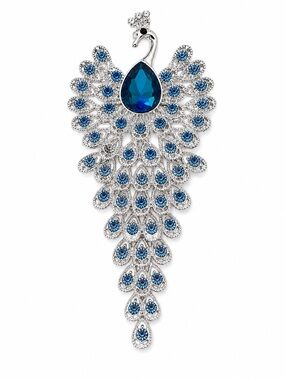 Silver Tone Peacock Brooch Blue Rhinestone Statement Pin‎ Large Crystal Bird